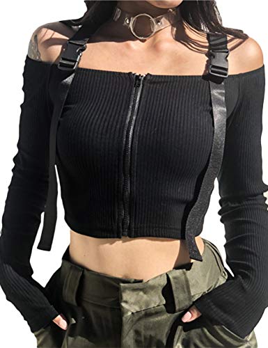 xxxiticat Women's Chic Fashion Stand Collar Shorts Aviator Coats Windbreaker Long Sleeve Cropped Motorcycle Bomber Jackets - Small - T-black