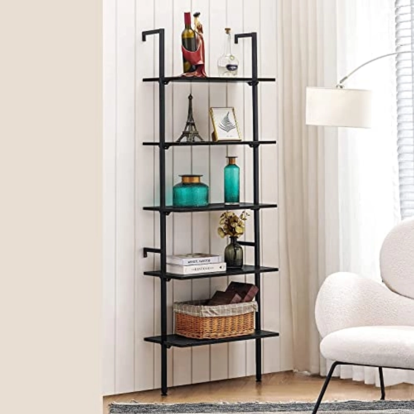 APICIZON 5 Tier Ladder Shelf Bookshelf, Industrial Bookshelf with Wood Shelves and Stable Metal Frame, Open Wall Mount Bookcases, Display Shelves for Home Office, Bedroom, Balcony, Bathroom, Black