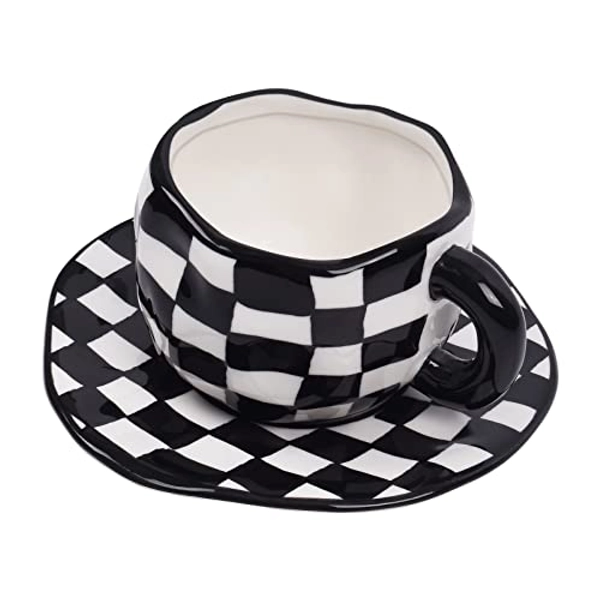 Koythin Ceramic Coffee Mug, Novelty Black and White Plaid Cup with Saucer for Office and Home, Dishwasher and Microwave Safe, 10 oz/300 ml for Latte Tea Milk (Black and White Plaid)