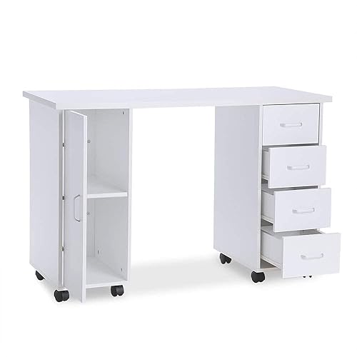 Paddie Manicure Nail Desk for Technician, Acetone Resistant Wooden Salon Spa Nail Table Station w/Cabinet, Drawers, Controllable Wheels & Client Wrist Pad - White