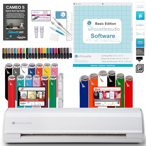 Silhouette Cameo 5 Bundle with Vinyl Starter Kit, Heat Transfer Starter Kit, 24 Pack of Pens, Tool Kit, Cameo 5 Start Up Guide with Extra Designs (White) - White