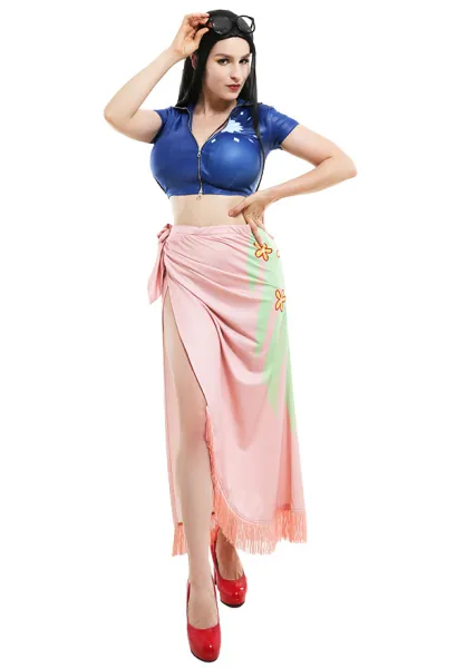 One Piece Nico Robin Top and Floral Pattern Wrap Skirt Cosplay Costume Outfit Decorated with Tassel