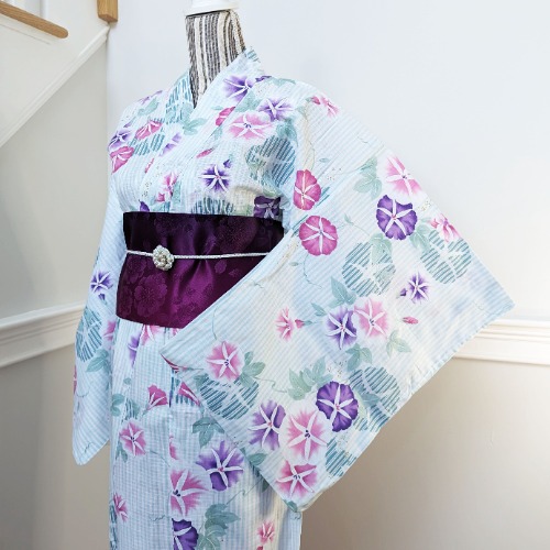 Yukata Kimono - Pink and Purple Morning Glory in Striped Green (Style #2599)