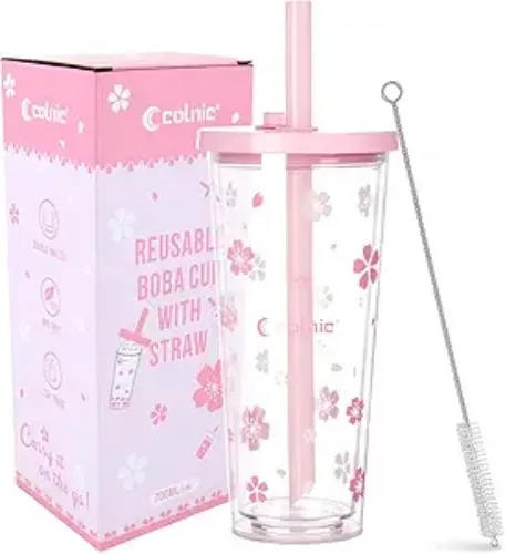 Colnic Reusable Boba Cup With Lids And Straws, 24Oz/700ml Smoothie /Iced Coffee Cup, Leakproof Kawaii Cup Tumbler With Boba Reusable Straw,Double Wall Clear Insulated Bubble Tea Cup - Pink