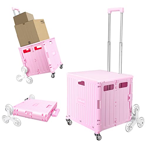 Honshine Foldable Cart with Stair Climbing Wheels, Collapsible Rolling Crate with Telescoping Handle, Handcart for Grocery Book File Tool Art Supplies(Pink) - Pink