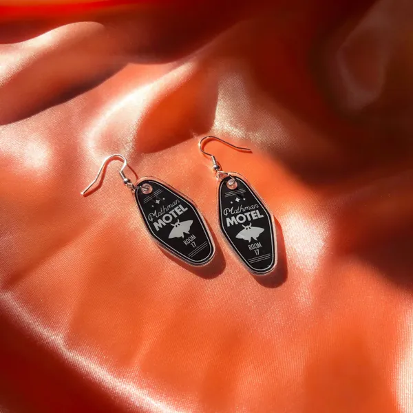 Mothman Motel - Black Acrylic Hotel / Motel Earrings // Typography Retro Vintage Kitschy Cryptid Spooky Funny Novelty Charms