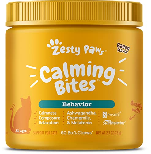 Zesty Paws Calming Chews for Cats - Composure & Relaxation for Everyday Stress & Separation - with Ashwagandha, Organic Chamomile, L-Theanine & L-Tryptophan – Bacon - 60 Count - Cat - Cat - All Ages - Bacon