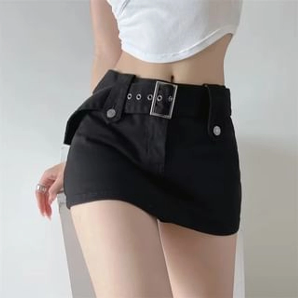 Low Waist Belt Accent Mini Denim Skirt