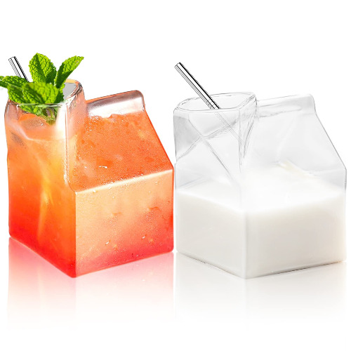 Milchkarton-Glasbecher, 360 ml, Set mit 2 Cocktailgläsern, transparent, Milchkarton-Behälter, Mini-Kännchen, Krug, mundgeblasene Sahnebox für Cocktail, Wein, Milch, heißes Wasser, Glaswaren Geschenk - Klar