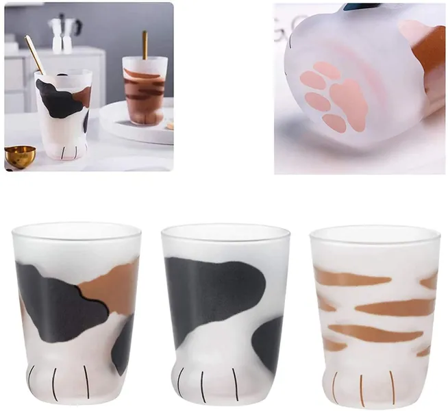 Cat Paw Glass Cup, Cute Katzenkaffee Mug Wall Mattiert Glas Cup Heat resistent Handmade Creative Persönlichkeit Breakfast Milk Mug Present Tassen, Valentines Gift 300ml (3 Stück) - 3 Stück