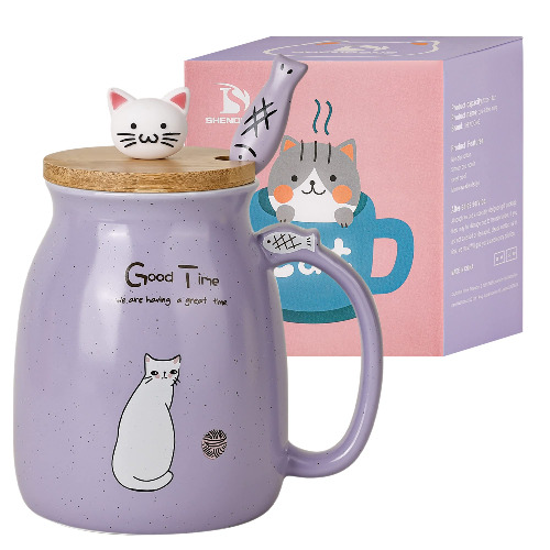 Katze-Becher Süße Kaffeetasse aus Keramik mit Kawaii-Katze Holzdeckel und schöner Löffel aus Edelstahl Neuheit Morning CupKaffee-Milch-Tee-Becher - 3D-Tier Katzen-Tassen für Katzenliebhaber Frau - Violett