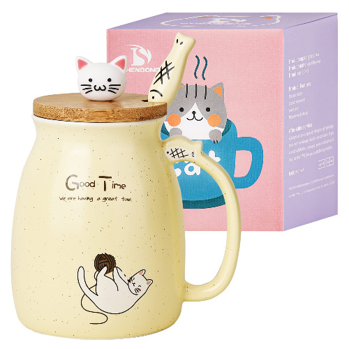 Katze-Becher Süße Kaffeetasse aus Keramik mit Kawaii-Katze Holzdeckel und schöner Löffel aus Edelstahl Neuheit Morning CupKaffee-Milch-Tee-Becher - 3D-Tier Katzen-Tassen für Katzenliebhaber Frau - Gelb