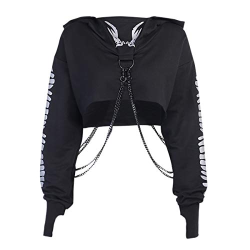 TOMETO STAR Women Gothic Punk Hoodies Bandage Crop Tops Long Sleeve Pullover Sweatshirt for Rave Festivals Streetwear - Small - Black 5