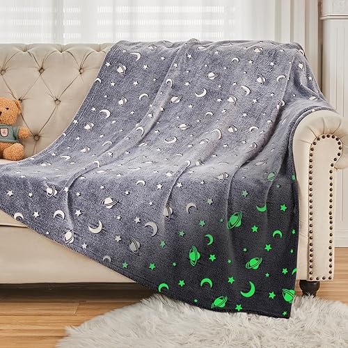 SOCHOW Glow in The Dark Throw Blanket 50 x 60 Inches, Galaxy Stars Pattern Soft Cozy Flannel Fleece Blanket for Sons Daughters, All Seasons Grey Presents Blanket for Preteens Teens - 50"×60" - Grey