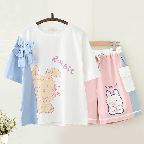 Colorblock Cartoon Rabbit Print Bow Knot T-Shirt Shorts Set 
