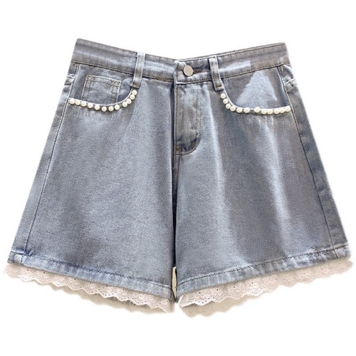 High Waist Pearl Decor Lace Hem Denim Shorts