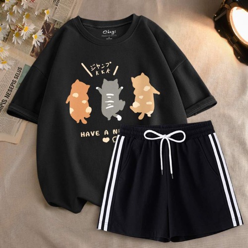 Cartoon Print Round Collar T-Shirt Striped Shorts Two Pieces 