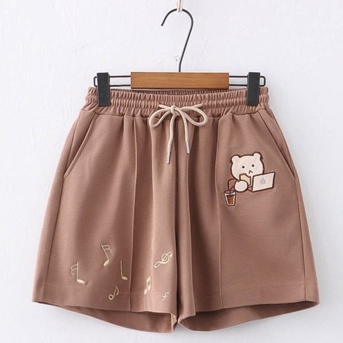 Bear Note Embroidery Pocket Drawstring Shorts