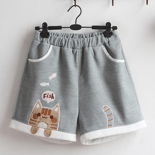 Cat Fish Embroidery Pocket Shorts