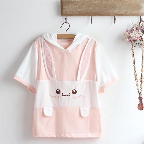 Colorblock Bunny Print Hooded T-Shirt Strawberry Pleated Skirt