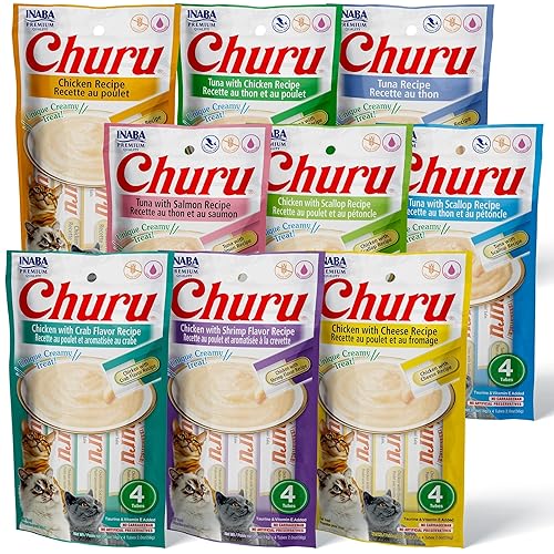 INABA Churu Cat Treats, Grain-Free, Lickable, Squeezable Creamy Purée Cat Treat/Topper with Vitamin E & Taurine, 0.5 Ounces Each Tube, 36 Tubes (4 per Pack), 9 Flavor Variety - 0.5 Ounce (Pack of 36)