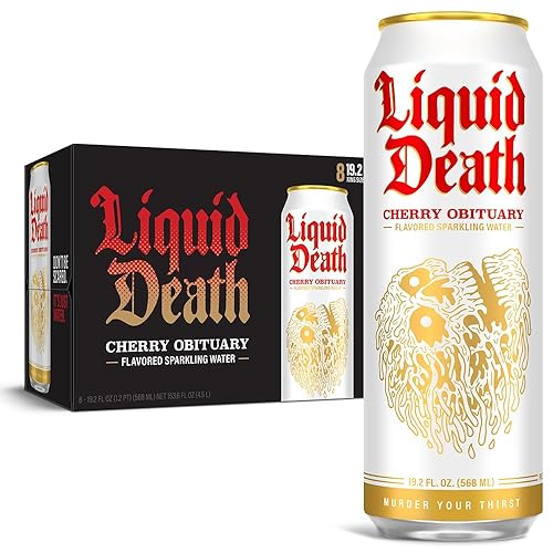 Liquid Death, Cherry Obituary, Cherry-Flavored Sparkling Water, 8-Pack (19.2oz Cans), Low Calorie & No Artificial Sweeteners - Cherry Obituary - Sparkling - 19.2 Fl Oz (Pack of 8)