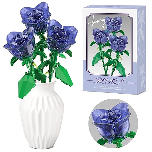 Bouquet of Roses Compatible with Lego Flowers, Artificial Flowers for Home Décor, Gift for Her Him for Christmas, Xmax Gifts for Women Men Women Stocking Stuffers for Mom Wife Home Decor(120Pcs Blue) - Blue