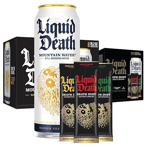 Liquid Death Still Mountain Water, 19.2 oz Cans (8-Pack) + Liquid Death Electrolyte Death Dust - Variety Pack - 3 Flavors - 12 Stick - Mountain Water - Still & Death Dust Bundle - 19.2 Fl Oz (Pack of 8)