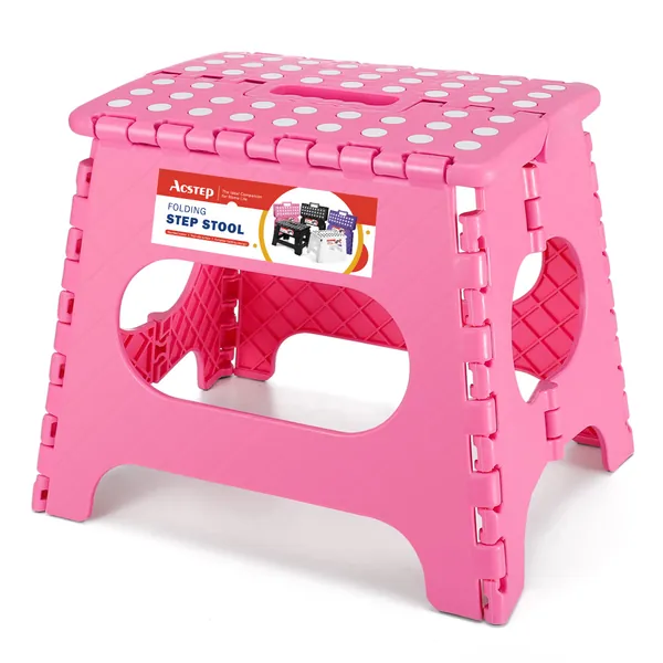 ACSTEP Folding Step Stool for Adults-11 Height Lightweight Plastic Stepping Stool. Foldable Step Stool Hold up to 300lbs Non Slip Collapsible Stool Pink - Pink 11 Inch