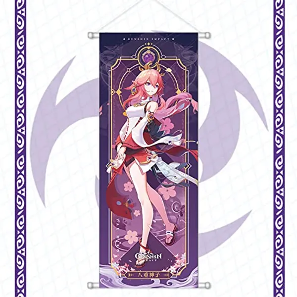 Rainteam Genshin Impact Poster Game Hanging Wall Art Artistic Canvas Genshin Character Posters with Rods for Living Room Bedroom Decor(27.5 inch x 10 inch) (Yae Miko) - Yae Miko