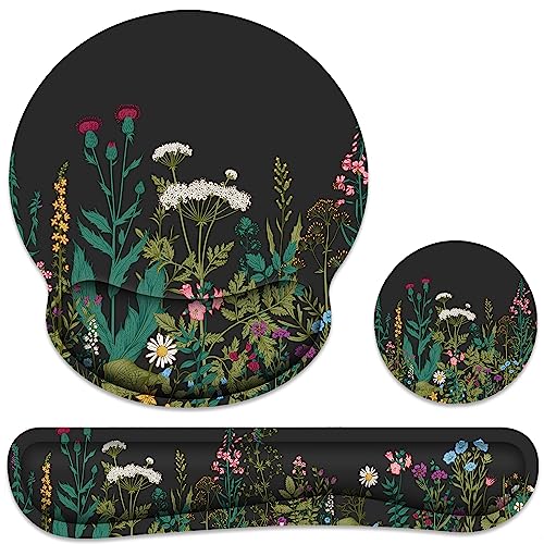 Ergonomic Mouse Pad with Wrist Rest and Keyboard Wrist Rest, Memory Foam Wrist Rest for Computer Keyboard, Easy Typing, Pain Relief, Mouse Pad Wrist Support for Gaming,Office, Laptop, Black Flower - Flowers