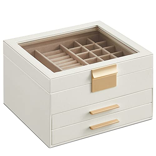 SONGMICS Jewelry Box with Glass Lid, 3-Layer Jewelry Organizer, 2 Drawers, for Big and Small Jewelry, Jewelry Storage, Modern Style, 8 x 9.1 x 5.3 Inches, Cloud White and Gold Color UJBC239WT - 3 Layer (5.3"H) - Cloud White + Gold
