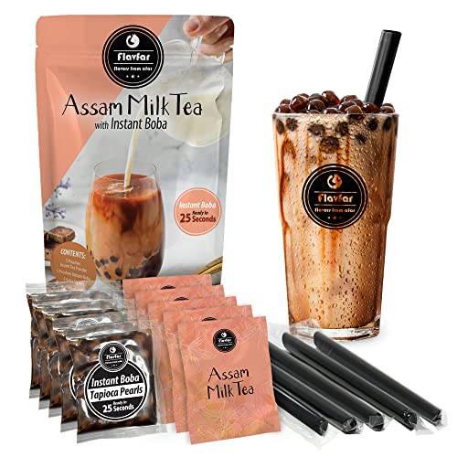Flavfar Assam Milk Tea with Instant Tapioca Pearls - Authentic Assam Milk Bubble Tea Kit & Low Calorie, Brown Sugar Boba - Made in Taiwan - 5 Pack (Assam Milk Tea) - Assam