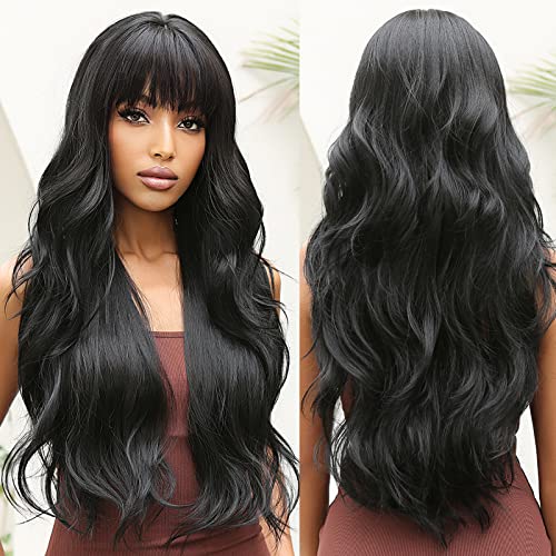 Allbell Black Wavy with Bangs Wigs for Women Long Curly Black Wig with Bangs Synthetic Wig - Black With Thick Bangs