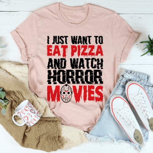 I Just Want To Eat Pizza And Watch Horror Movies Tee - Heather Prism Peach / 3XL
