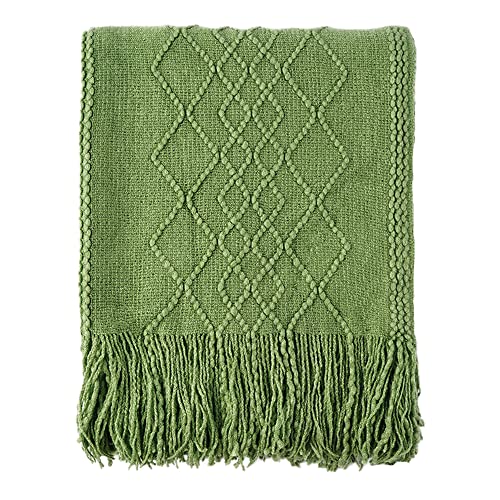 BATTILO HOME Green Throw Blankets for Bed Couch Sofa, Soft Decorative Knitted Throw Blanket with Tassels, Lightweight Indoor Outdoor Green Blanket for Spring Summer Fall - Green - Pattern 21876