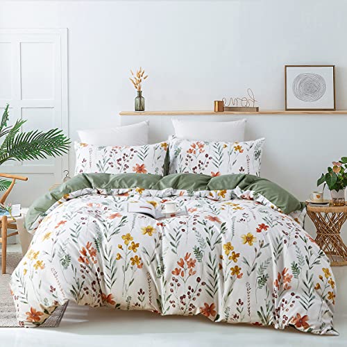 Nayoroom White Floral Duvet Cover Queen Size Green Botanical Leaf Yellow Flowers Printed Reversible Striped Bedding Set 3 Pieces Soft Microfiber Garden Farmhouse Comforter Cover with Zipper Ties - Floral - Queen