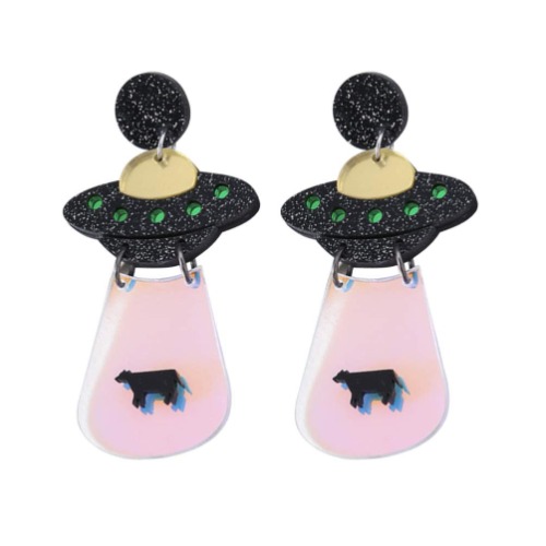TENDYCOCO UFO Dangle Earrings Alien Spaceship Drop Ear Stud Ear Jewelry for Women Girls Ladies Black