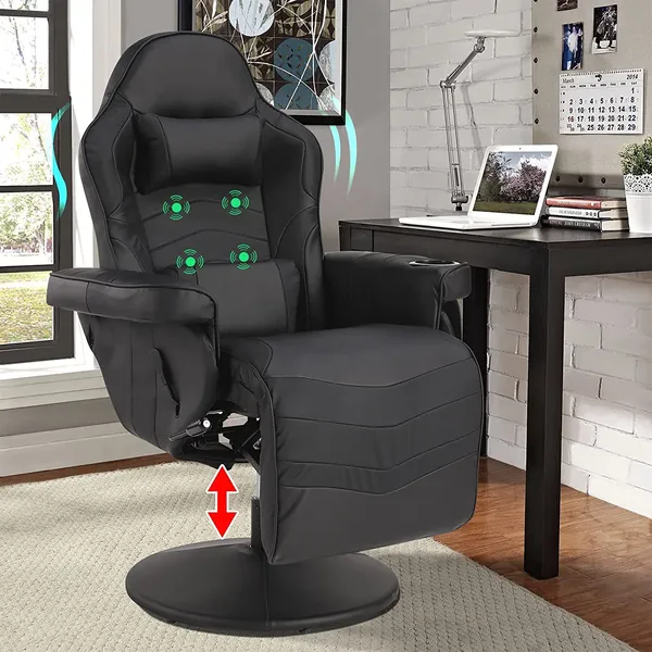 LVUYOYO Massage Video Gaming Recliner Chair - Ergonomic Computer Desk Chair - High Back PU Leather Office Chair - Adjustable Swivel Reclining Chair with Lumbar Support, Footrest, Cupholder, Headrest - Black