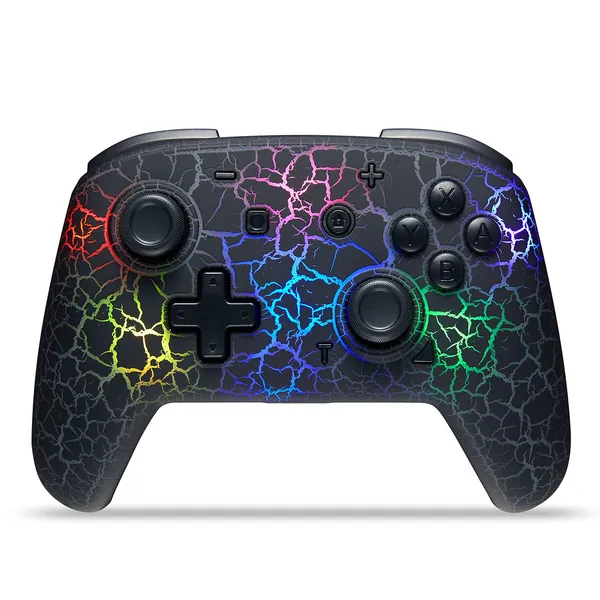 Switch Controller, Wireless Switch Pro Controller for Switch/Switch Lite/Switch OLED, 8 Colors Adjustable LED Wireless Remote Gamepad with Unique Crack/Turbo/Motion Control (Black) - 