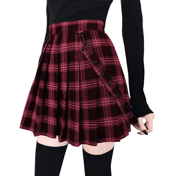 Women's High Waist Skirt Cool Sweet A-Line Decorative Strap Plaid Pleated Mini Skirt for Girls