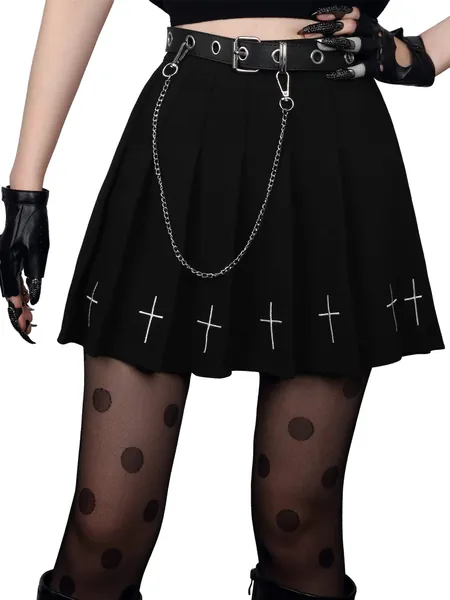 Women Punk Dark Mini Skirts Black Pleated Skirt Punk Embroidery Skirt Schoolgirl High Waist Gothic Mini Skirt with Chain Belt Uniform Pleated Skirt