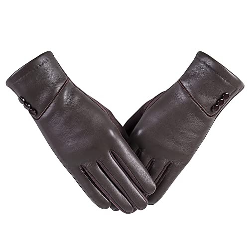 Winter Fashion Leather Gloves for Women, Touch Screen Wool Lined Outdoor Windproof Warm Suede Driving Dress Gloves - S/M - Brown