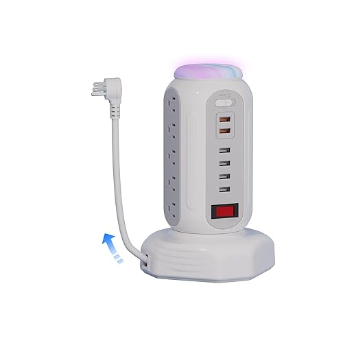 Power Strip Surge Protector Tower, 15 AC Outlets and 6 USB Ports with LED Light, Retractable Heavy Duty Extension Cord with Multiple Outlets, USB Charging Station with Right Flat Plug (White) - White -USB-A