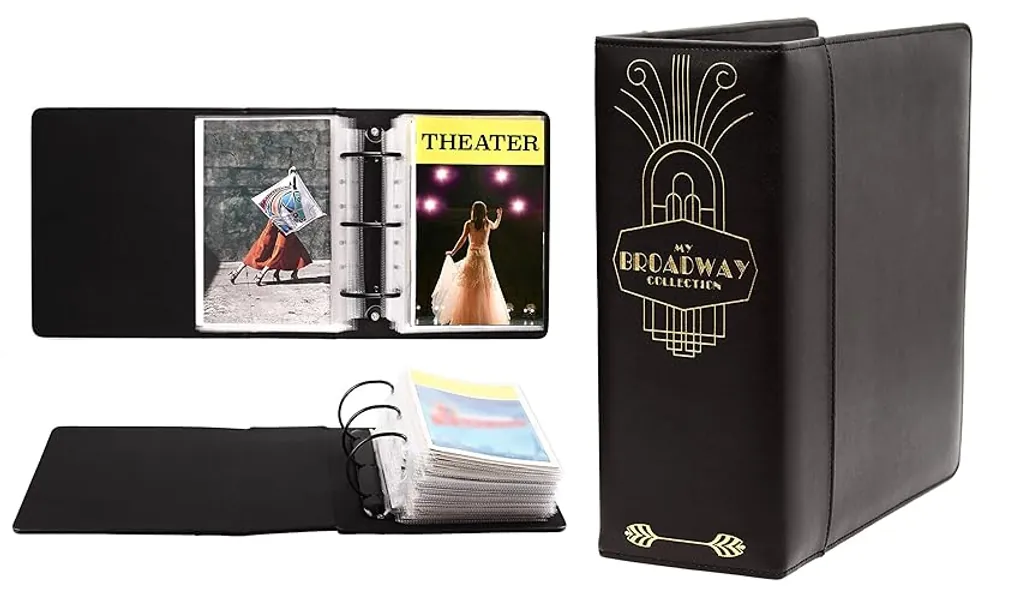 2Fold Binder for Holding Broadway Play Program and Theater Programs with 30 Custom Sheet Protectors - PU Leather - Fits Programs from Mid 1980s to Modern (Black/Gold Foil) - Black/Gold Foil