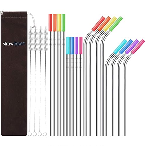 StrawExpert Set of 16 Reusable Stainless Steel Straws with Travel Case Cleaning Brush Silicone Tips Eco Friendly Extra Long Metal Straws Drinking for 20 24 30 oz Tumbler - Silver