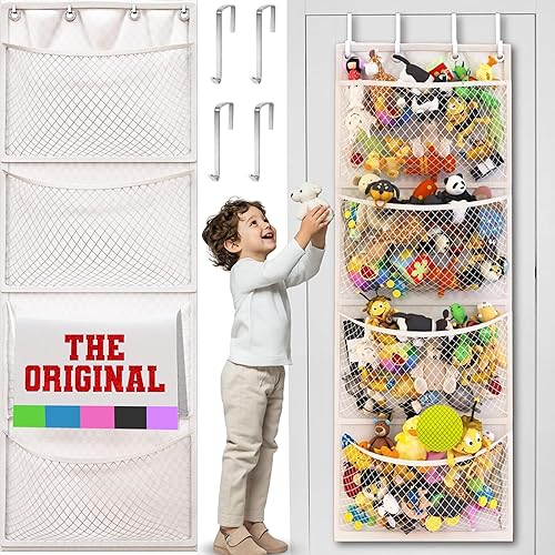 The Original Stuffed Animal Storage (Patented) - Over Door Organizer for Stuffies, Baby Ideas Holder, Toy Plush Storage/Hammock Hanging Storage Net Big Girls Toddler Large Bag Animals Stuffy Behind - White