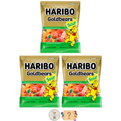 Haribo Gummi Candy - Soft & Chewy Delicious Gummies, (Pack of 3) 5 oz Share Size Peg Bags + Bonus Mystery Candy (Sour Gold Bears) - Sour Gold Bears
