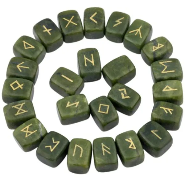 Rockcloud Green Jade Rune Stones Tumbled Engraved Lettering Crystal Set for Wicca Crystals Healing Chakra Reiki