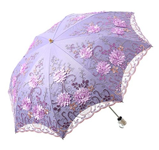 LCY Embroidered Lace Double-deck Anti-UV Parasol Sun/Rain/Snow Folding Umbrella - Purple